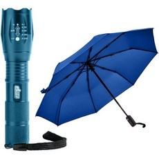 고릴라 그립 휴대용 손전등과 여행용 우산 세트 LED 전술 손전등 (750피트 줌) 및 경량 테플론 코팅 (네이비 색상), 고릴라 그립 휴대용 손전등과 여행용 우산 세트, LED, 1