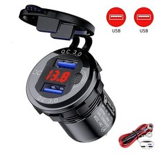 usb 충전 어댑터 (호환) 알루미늄 USB C 차량용 충전기 소켓 12V/24V 63W 콘센트 PD 유형 & QC 3.0 자동차 오토바이 용 LED 스위치가있는 듀얼 포트, Red Dual USB wired