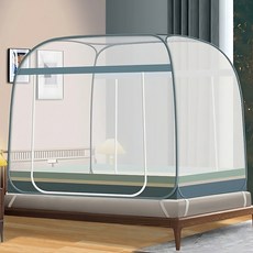 바닥있는 원터치 스퀘어 스트라이프 양문형 모기장, 블루
