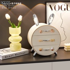 DFMEI 玄關輕奢入戶抽屜式小桌面收納盒鑰匙收納裝飾品置物架儲物盒擺件, 輕奢萌兔三層收納盒+葫蘆花瓶