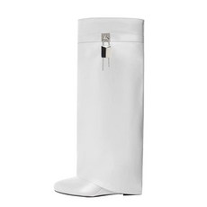 Arqa 여성용 폴드 오버 니 하이 부츠 커버 웨지 힐 자물쇠 부츠 아몬드 토 와이드 카프 풀온 패션 부츠 파티 슈즈 실버 6