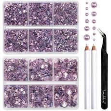 Beadsland(비즈랜드)핫픽스 라인석 옷 공예용 라인석 펜슬과 핀셋이 포함된 6가지 사이즈 혼합 키트, 6080개, 라이트핑크