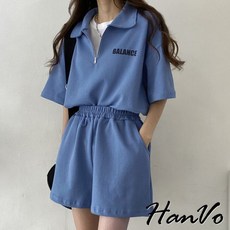 HanVo BALANCE字母短袖純棉休閒套裝 舒適拉鍊翻領運動套裝 日常百搭韓系女裝