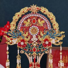 臺灣出貨 新娘團扇 DIY材料包 雙色雙面 中式新婚禮物 結婚禮品 龍鳳褂, 1個, 材料包2463單面金色,喜扇一把