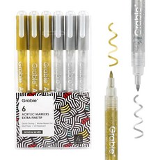 그래비 블랙 앤 화이트 엑스트라 파인 팁 아크릴 페인트 마커 세트 6팩 0 7mm 아크릴 페인트 펜으로 그림의 하이라이트 및 세부 사항 록 페인팅 유리 캔버스 우드 화이트, Gold & Silver