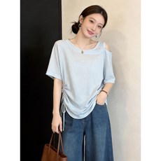 임산부 여름 반팔티 빅사이즈 루즈핏 오프숄더 스트링 반팔 티셔츠 캐주얼 임부 반팔티 상의 JS