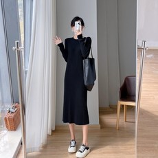 골지 라운드넥 니트 롱 원피스 임산부 루즈핏 데일리 긴팔 홈웨어