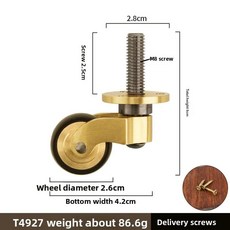 빈티지 황동 원형 컵 캐스터 가구용 검정색 고무 링이 있는 회전 휠 캐스터 외경 31mm, T4927, 1개