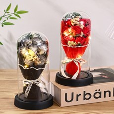 玫瑰永生花玻璃罩香皂花成品 耶誕創意禮品擺件, 【珍珠邊3朵噴紫玫瑰+賀卡禮袋】,亞克力+手提盒