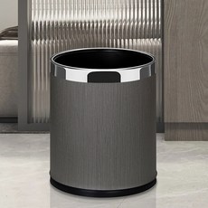 14L大号双层不锈钢垃圾桶家用客厅厨房轻奢酒店客房金属大容量筒, 1個, 14L灰色木纹 银圈:14L