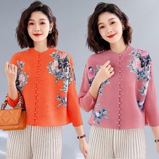 RCLET 여성 플리츠 블라우스 오버핏 라운드티 숏가디건 프린팅 긴팔 주름옷 데일리