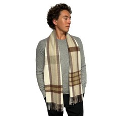 Humble Hilo 울 스카프 헤리티지 격자무늬 씨폼 블루 140694, 오프 화이트와 브라운
