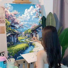 滿園春色DIY數字油畫，新款手工填色解壓丙烯油彩畫，治癒系裝飾畫, 世外桃源13彩盒包裝 ,60*75cm, 1個