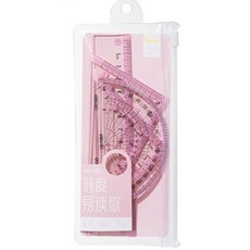 文具直尺套裝四件套，塑料透明兒童學生用套尺，包含直尺三角尺量角器, 1個, 79511(粉色), 粉色