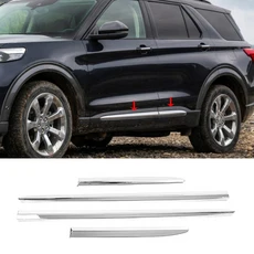 ABS 크롬 카본 사이드 문짝 차체 몰딩 스커트 스크래치 방지 커버 포드 익스플로러 2020-2023 용 자동차 액, 02 silvery