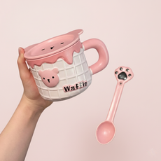리츠센 테디 와플 머그컵 세트, 1세트, 딸기와플컵+뚜껑+스푼 1세트, 딸기와플컵+뚜껑+스푼