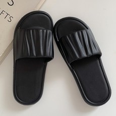 褶皺一字涼拖鞋 居家防滑防臭室內拖鞋 女夏季浴室厚底拖鞋, 1個, 黑色,38-39