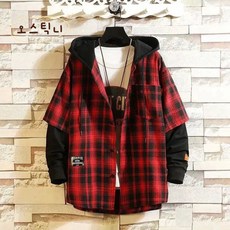 오스틱니 남성용 가을겨울용 빅사이즈 페이크 투피스 체크셔츠 후드코트