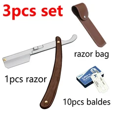 쿠쿠스토어 남성 스테인레스 스틸 접이식 면도칼 수염 스트레이트 헤어 드레싱 수동 편의 트리머 바비도르, 02 3pcs set