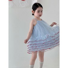 아짱 아동 여아 여름 나시 시원한 쉬폰 스카이블루 쉬폰 원피스 레이어드 프릴 공주 드레스