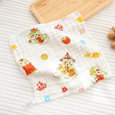 六層紗布口水巾小方巾：柔軟吸水、多用途寶寶手帕、兒童洗臉巾、幼兒園必備, 1個, 26-招財蛇寶【30*30】, 白色