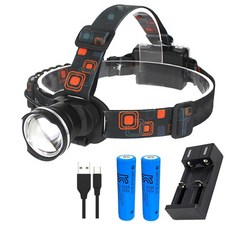 엘마운틴 광각 헤드랜턴 + 3 000mah 배터리 2개 + 2구 충전기 + 충전 케이블 세트, 블랙, 1개