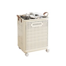 折疊洗衣籃 附輪子 髒衣籃 衣物收納, 奶油白