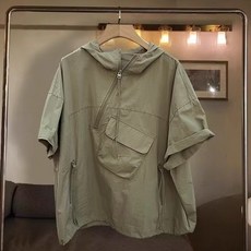 남성 여름 멀티포켓 후드 아노락 반팔티 루즈핏 바스락 경량 반팔 티셔츠