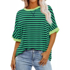 Yellwel 여성용 여름 휴식용 줄무늬 배색 라운드넥 티셔츠 DJP
