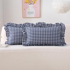 K MASANIJI 라이트 블루 화이트 격자무늬 러플 깅엄 침구 바디 필로우 커버 100% 면 체크 무늬 빈티지 농가 장식 침대 베개 샴 봉투 클로저 - 50.8cm x 13