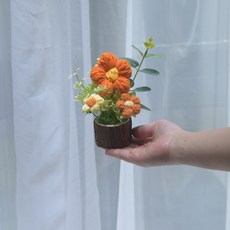 向日葵鈴蘭花小盆栽手工編織仿真花毛線花汽桌面擺件成品伴手禮物, 127盆栽泡芙橙色, 1個