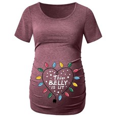 DEBELLY 임산부 셔츠 반팔 상의 블랙 셔츠 발자국 임신 주름 장식 사이드 캐주얼 셔츠 산타 썰매 M, 크리스마스 조명