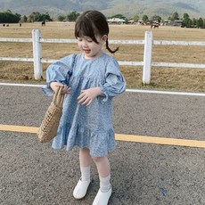 小不點兒 女童長袖碎花連衣裙 春季韓版中長款田園風公主裙 90-130