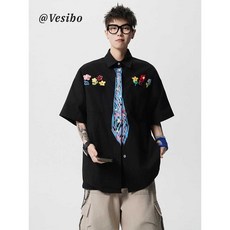 그래픽 프린팅 오버핏 반팔 셔츠 남성용 하이스트릿 페인팅 디자인 셔츠