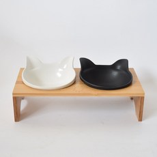 fuqimiao 원목 애견식탁세트 2구높이 도자기 식기 고양이 그릇 셋트 받침대, 심플 대나무 거치대 테이블+고양이귀사발*1, 1개