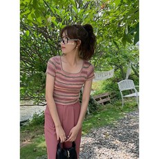 반팔 줄무늬 울 니트 여성복 여름 한국판 슬림 상의 숏 W118A