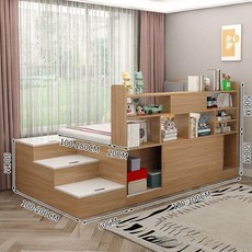 고급형 다용도 벙커침대 수납침대 싱글침대 저상형침대 2층벙커침대 슬라이딩 수납 계단, 1000mm x 2000mm, 조립식 박스형 침대, B형 슬라이딩 도어 조합 + 등받이 매트리스x