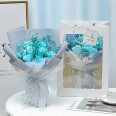 꽃is리아 대형 프리저브드 안개+조화장미 꽃다발+led+선물쇼핑백, 블루