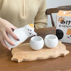 고양이 사케병 사케잔 도자기 세트 독구리 술잔, 1개, 화이트