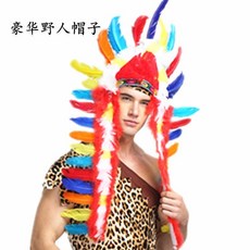 台灣出貨 野人道具 印第安非洲土著人羽毛頭飾油彩武器項鏈手鏈骨頭野人棒, 豪華印第安帽子, 1個