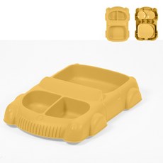 寶寶餐盤B4B 汽車貓咪食品級矽膠防摔分格餐盤吸盤嬰幼兒副食品分隔盤, 汽車款 黃色（微軟可彎）, 1個