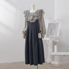 ORZQU 봄 여성 원피스 세트 벌룬 블라우스 상의+민소매 원피스 투피스