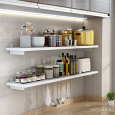 免打孔廚房置物架隔闆壁掛桿墻上調料實木收納掛架多功能用品神器 MPVO, 帶拉桿+6掛鉤,長70*寬20  白色板+白架, 1個