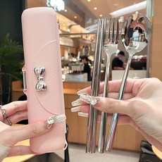 스테인리스 휴대용 식기 세트 학생용 젓가락 숟가락, 1개, 4종 순은 포크 연분홍