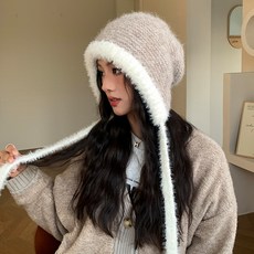 투니스 여성 배색 보온 퍼 니트 귀달이 모자
