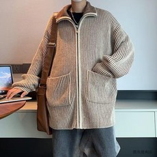 條紋拉鍊開衫毛衣外套 韓版寬鬆復古針織衫 秋冬加厚款