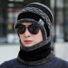니트 방한모자 남녀공용 모자 보온 머플러 일체형 꽈배기, 1개, 37009-블랙