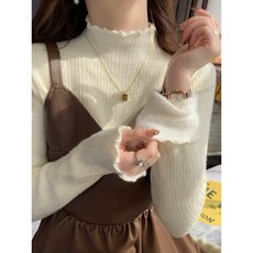 Olli kids 保暖半領水貂絨加絨毛衣 高級感木耳邊內搭上衣, 茶白色,M, 1個