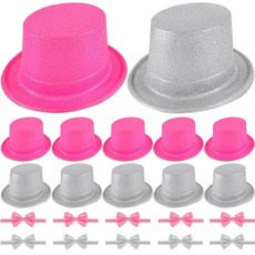 탑 모자 12개 성인용 글리터 모자 나비 넥타이 플라스틱 디스코 파티 새해 전야 2026 반짝이는 마술사 햇 생일 결혼식 코스프레 용품(핑크 실버)