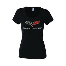 쉐보레 콜벳 여성용 크로스 플래그 스테인드 글래스 스쿱 넥 티셔츠 C6 200513, Medium, Black